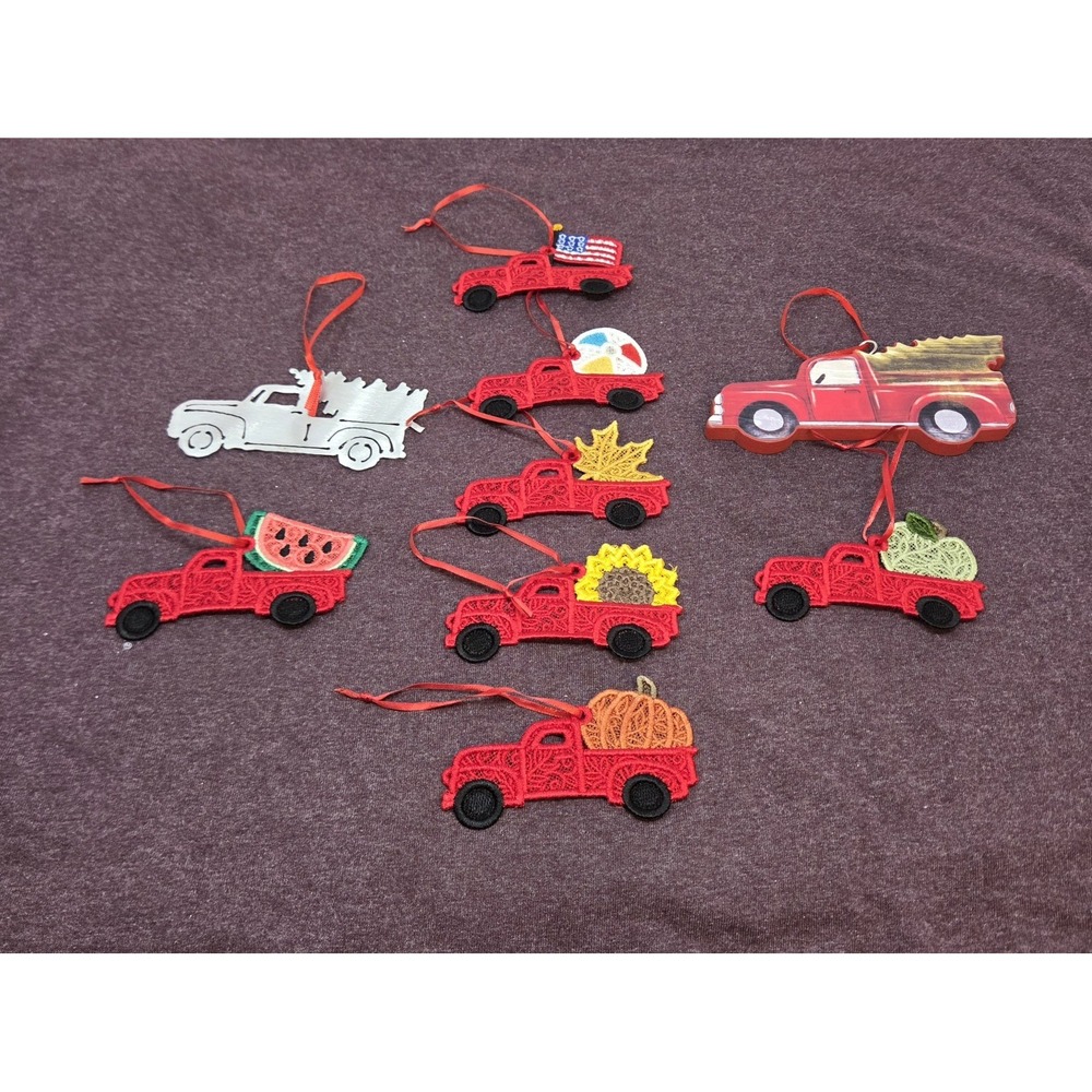Little Red Truck Ornament Lot of 9 Christmas Farmhouse Lace Wood Metal Decor Set